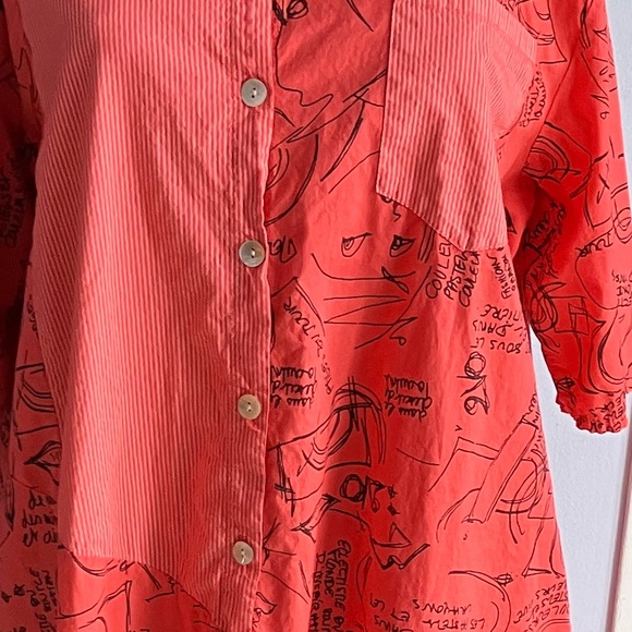 Frocella Coral Button-Up Dress with Black Cursive Script and Drawing Pattern - Picture 3 of 4